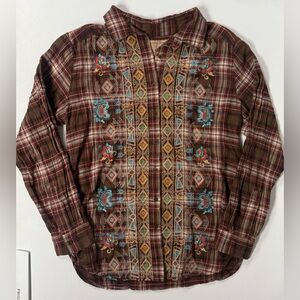 James Bryan Embroidered Aztec Floral Plaid Long Sleeve Button Shirt Women S